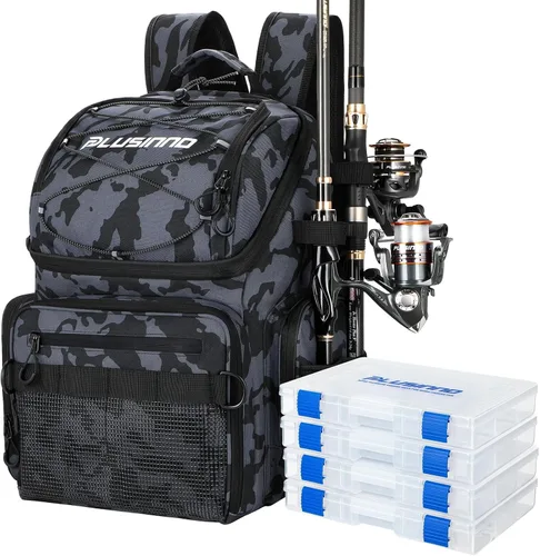 PLUSINNO - Mochila de pesca con portacañas y enfriador de 45L, mochila grande resistente al agua para aparejos de pesca, ideal para guardar equipo