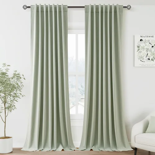 Miniatura 64 de Cortinas de lino 100% opacas para dormitorio, 102 pulgadas de largo, con pestaña trasera, bolsillo para barra, paneles acústicos con aislamiento