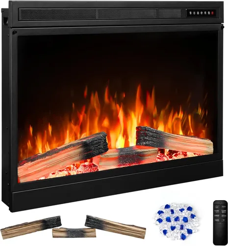 Miniatura 12 de Inserto de chimenea eléctrica de 34 pulgadas, llama intercambiable ajustable y colores de troncos, velocidad y brillo de llama variables, control