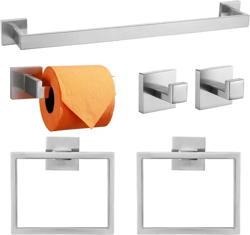 TQKAG Juego de 6 piezas de toallero de baño en níquel cepillado de 23.6 pulgadas Barra de toalla de acero inoxidable Anillo de toalla Gancho para