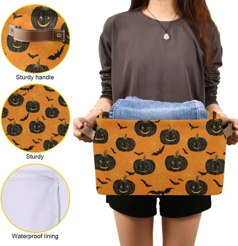 Miniatura 8 de Wusikd Cesta de almacenamiento de Halloween naranja y negra, juego de 1 canasta grande de tela de calabaza y bruja, cubo con asas, plegable, estante