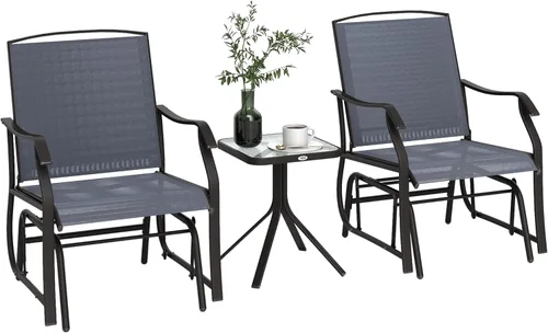 Outsunny Juego de 3 sillas planeadoras para exteriores con mesa auxiliar, 2 mecedoras para patio con tela transpirable, mesa de cristal, para patio