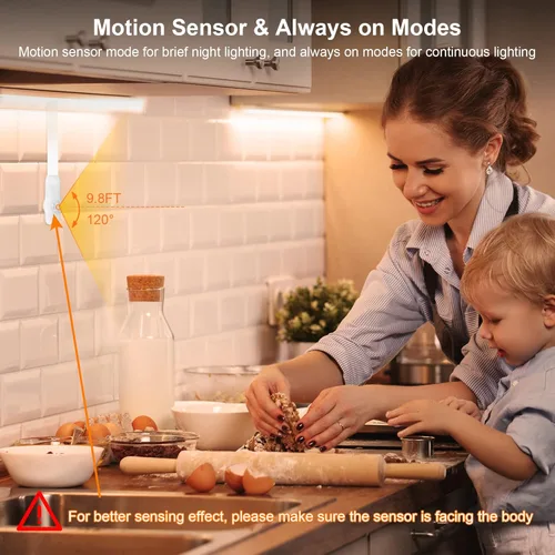 Miniatura 2 de LAFULIT Kit de 10 luces para debajo del gabinete, tira de luces LED con sensor de movimiento con control remoto, regulables y temporizadores, luces