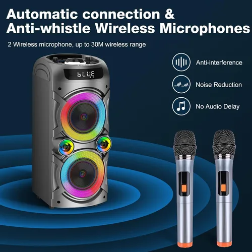 Miniatura 6 de Máquina de karaoke con 2 micrófonos inalámbricos, sistema de PA portátil, gran altavoz Bluetooth con luces LED, control remoto, compatible