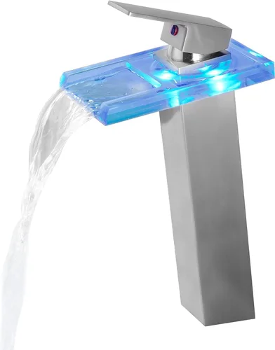 Grifo LED para lavabo de baño de níquel cepillado, grifo de fregadero de recipiente alto, cascada de una sola manija, 1 agujero y 2 líneas de