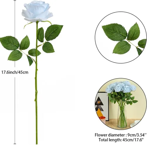 Miniatura 2 de 12 piezas Rosas Flores Artificiales Rosas Falsas Azul Bebé Rosas de Seda Flores de Seda Blancas Rosas con Tallos Largos para Bodas Hogar Fiestas