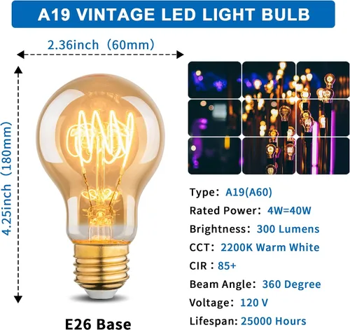 Miniatura 2 de Bombillas LED Edison cálidas, bombillas Edison A19 de 4 W regulables, bombillas incandescentes equivalentes a 40 W, blanco cálido de 2200 K