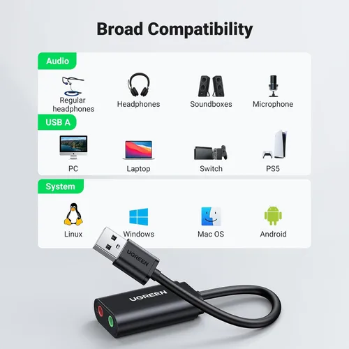 Miniatura 4 de UGREEN Adaptador de audio USB, con tarjeta de sonido estéreo externa, con auriculares de 3,5 mm y micrófono, con conector, para Windows, Mac, Linux