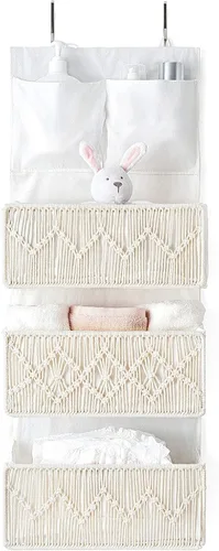 Mkono Organizador de macramé sobre la puerta, decoración bohemia para colgar del cuarto de bebé, con 3 bolsillos grandes tejidos, organizador