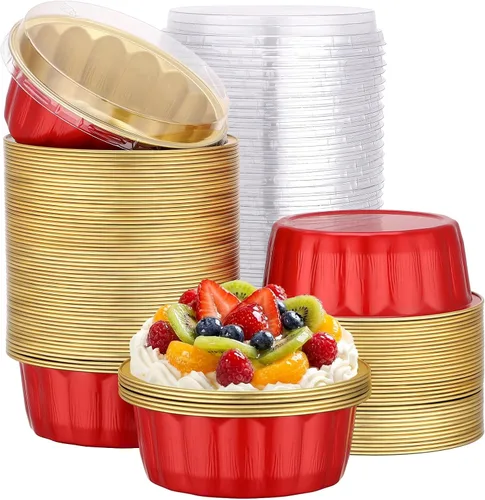 Miniatura 78 de Beasea Ramequines con tapas, 8oz 50 unidades de tazas de aluminio desechables para hornear, tazas de papel de aluminio plateado para creme brulee