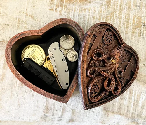Miniatura 7 de Top Brass Steampunk - Joyero con forma de corazón de pulpo pequeño, decoración gótica ecléctica inusual (cobre rústico)