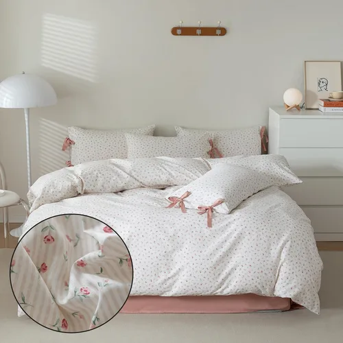 Miniatura 2 de MKXI Juego de ropa de cama con diseño de corbata de moño linda y rayas de flores rosas, tamaño individual, de algodón - Funda de edredón