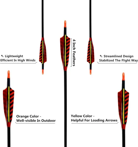 Miniatura 5 de Caza Tiro con arco Flechas de carbono, letszhu Target Practice Flecha 500 Spine fletched 4 inch Real Plumas con puntos de campo para Longbow Recurvo