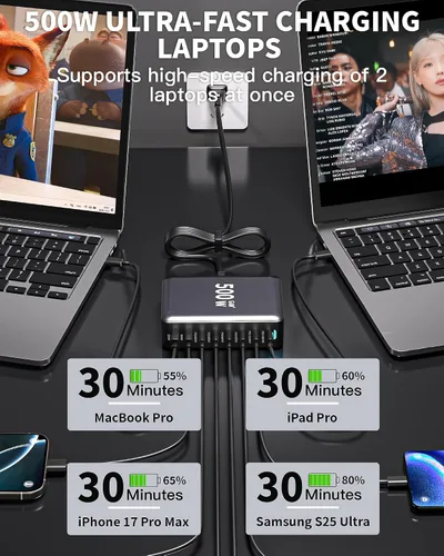Miniatura 4 de Bloque de cargador USB C de 500 W, estación de carga GaN3, bloque de cargador USB rápido de 8 puertos, doble 100 W PD USBC, estación de carga