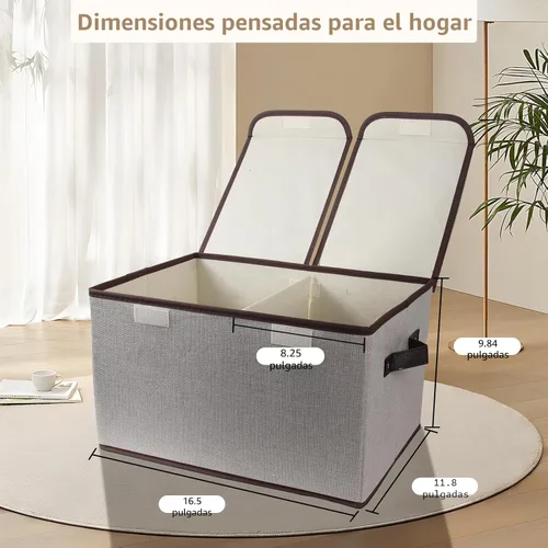 Miniatura 2 de Caja de almacenamiento plegable de tela, 16.5 x 11.8 x 9.8 pulgadas (largo x ancho x alto), con doble tapa y divisores, organizador grande
