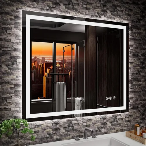 Miniatura 53 de Amorho Espejo de baño LED de 24 x 32 pulgadas con luces, iluminación frontal y retroiluminación, regulable continuamente, antiniebla, vidrio Frente