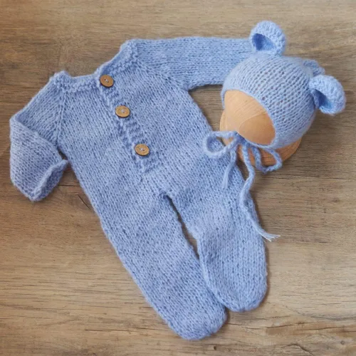 Miniatura 4 de Zeroest Conjunto de punto de ganchillo para sesión de fotos para niño recién nacido, gorro de oso con pies, mameluco con pies, para fotografía