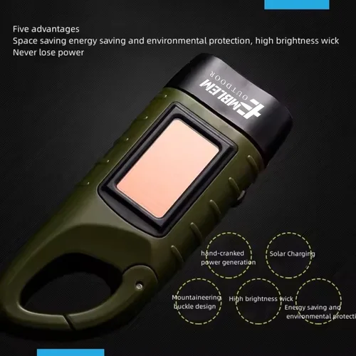 Miniatura 2 de Emblem OD linterna solar con manivela, linterna de emergencia recargable LED para supervivencia con dinamo, manivela y clip de mosquetón. Recargable