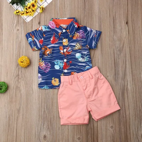 Miniatura 25 de Conjunto de camisa de manga corta con botones y pantalones cortos casuales con diseño de flamingo, para bebés y niños de 1 a 6 años, atuendos