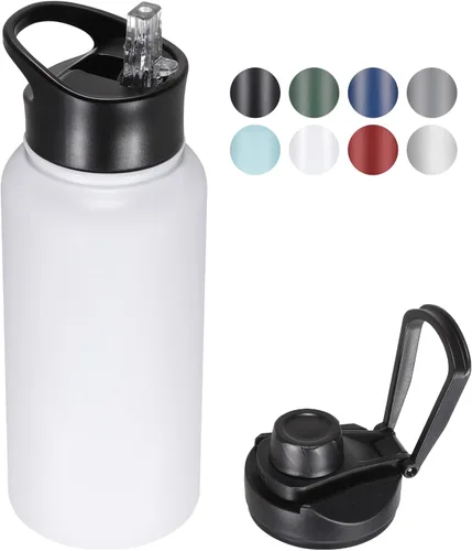 Miniatura 33 de Botella de agua aislada de 64 onzas con tapas de pajita y boquilla, jarra de agua de acero inoxidable de medio galón con mango de paracord, vacío