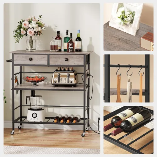 Miniatura 8 de HOOBRO Isla de cocina con almacenamiento, carrito de isla rodante para cocina con 2 cajones y tomacorriente, estación de café de 3 niveles y soporte
