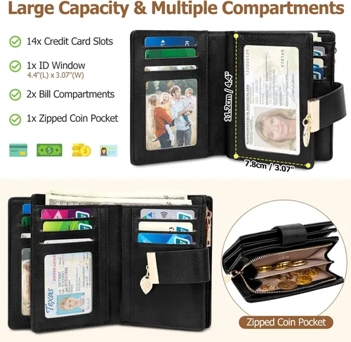 Miniatura 2 de HUANLANG Carteras pequeñas para mujer, con bloqueo Rfid, de cuero, plegable, tarjetero para tarjetas de crédito, cartera para mujer, bolsillo