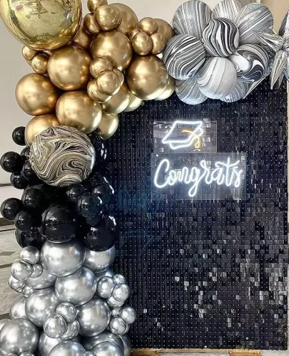 Miniatura 4 de Easy Setup - 24 paneles de fondo de pared brillantes de lentejuelas negras para decoración de fiestas para bodas, aniversarios, cumpleaños, Negro