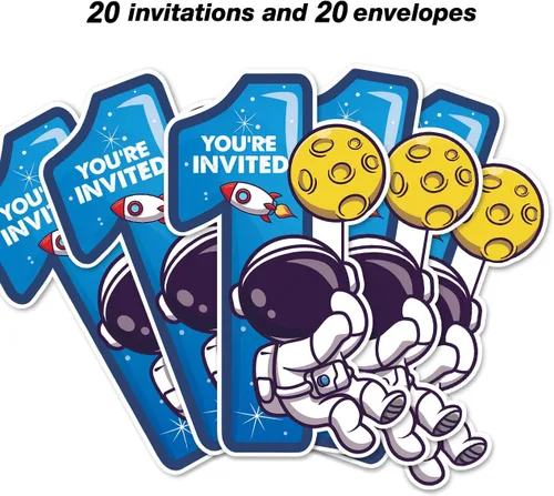 Miniatura 3 de Outer Space - Invitaciones de fiesta de primer cumpleaños con sobres, juego de 20 tarjetas de invitaciones de astronauta con una forma de astronauta