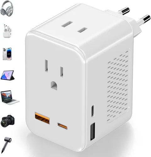 Miniatura 8 de Convertidor de voltaje de 220 V a 110 V de EE. UU. a Europa, adaptador de viaje convertidor de enchufe para Europa con 20 W PD y 2USB-A y 2USB-C
