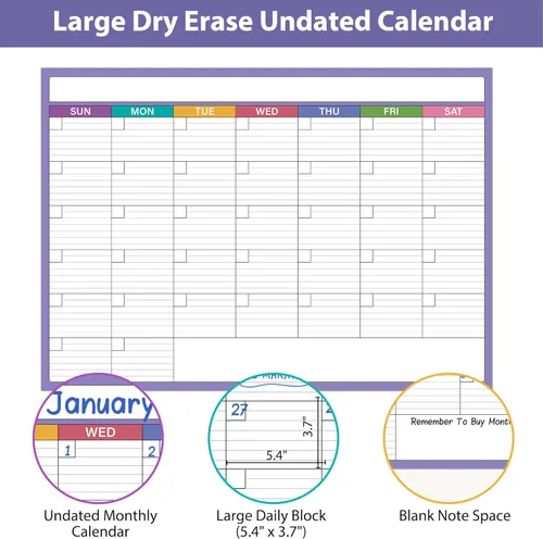 Miniatura 4 de Calendario grande de borrado en seco para pared, 40 x 28 pulgadas, calendario laminado borrable y reutilizable, calendario de pared sin fecha de 1