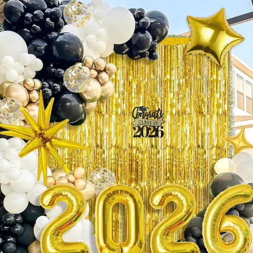 Miniatura 4 de Kit de arco de guirnalda de globos de graduación para decoraciones de graduación de clase de 2026, globos negros dorados y blancos de diferentes
