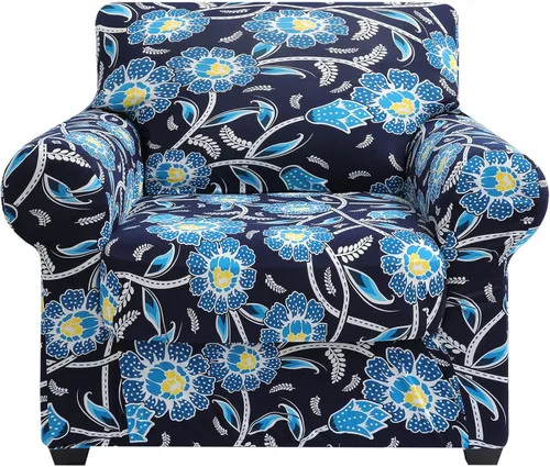 Miniatura 26 de hyha Funda para sofá, diseño floral, elástica, estampada, 4 piezas, fundas para sofá de 3 cojines separados, protector de muebles lavable para Azul