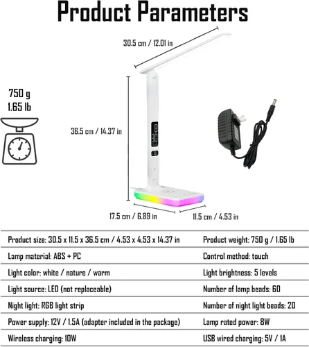 Miniatura 5 de Lámpara de escritorio LED con carga inalámbrica y por cable, luz de mesa plegable, 5 modos de brillo y 3 modos de iluminación, pantalla de tiempo
