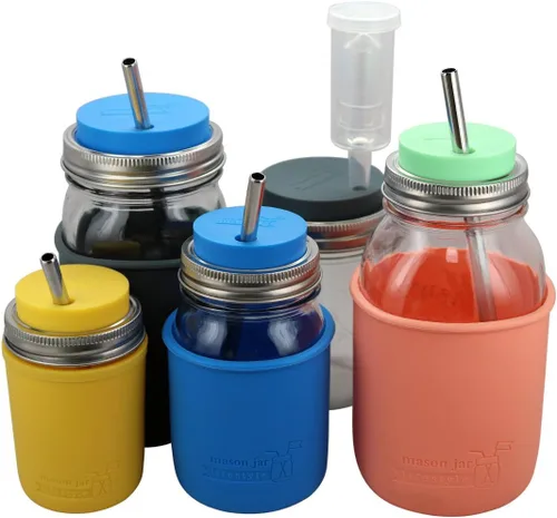 Miniatura 2 de MJL - Vaso de silicona con agujero para popote y tapa de fermentación con banda a prueba de óxido para tarros Mason