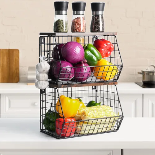 Miniatura 5 de Mefirt Frutero, cesta de frutas apilable montada en la pared con tapa de madera lisa con 4 ganchos para colgar plátanos, organizador de encimera