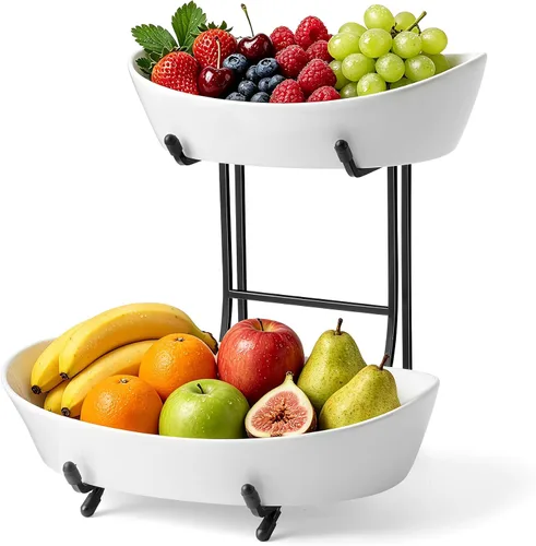Cuencos de frutas para encimera de cocina, no requiere montaje, cuencos de porcelana de 2 niveles con soporte de metal, cesta de frutas escalonada