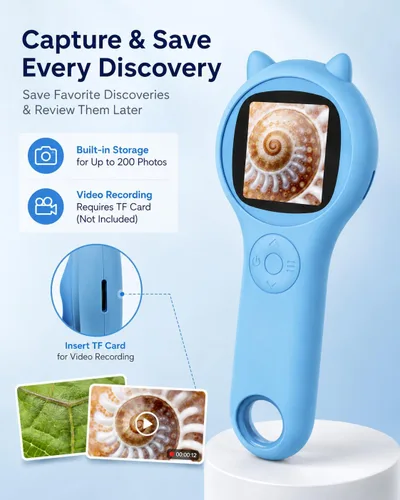 Miniatura 3 de Microscopio de exploración al aire libre para niños, microscopio digital portátil 500X con pantalla IPS de 2 pulgadas, juguete STEM de viaje de Azul