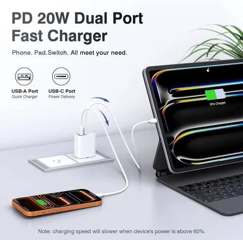 Miniatura 4 de Bloque de cargador de pared USB C de 20 W, paquete de 3 unidades de bloque de carga rápida tipo C de doble puerto PD de suministro de energía