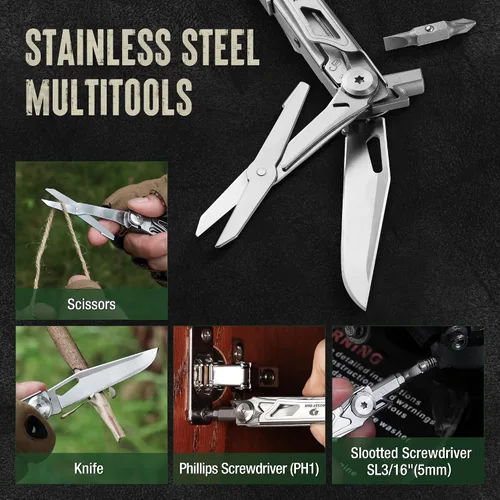 Miniatura 7 de Mossy Oak - Cuchillo multiherramienta plegable de bolsillo 12 en 1 con funda, cuchillo multiherramienta de acero inoxidable con clip, herramientas