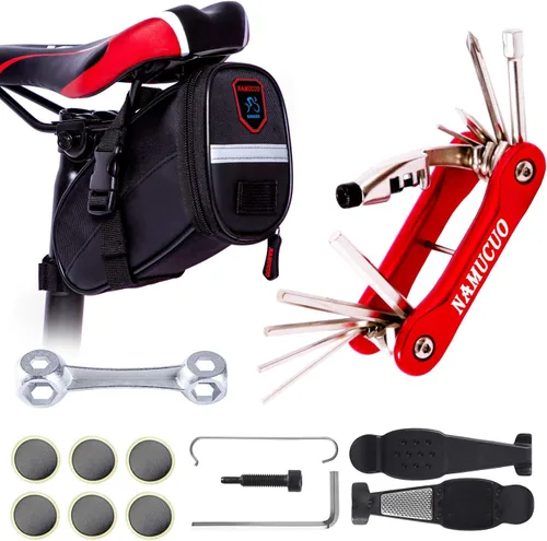 YBEKI Kit de reparación de bicicleta 10 en 1 con palancas de neumáticos 3 en 1, parches sin pegamento, llave de hueso multifuncional y bolsa de