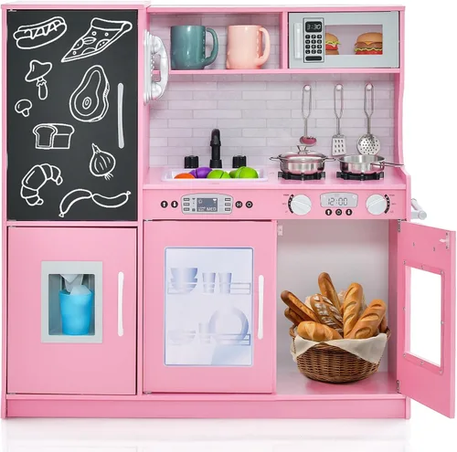 Miniatura 12 de Costzon Juego de Cocina para Niños, Set de Juguetes de Cocina de Madera de Simulación con Sonido Realista, Pizarra Grande, Teléfono, Microondas, gris