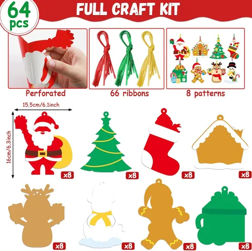 Miniatura 2 de Qyeahkj Juego de 64 juegos de manualidades de Navidad para niños, adornos artísticos de Navidad a granel, haz tu propio árbol de Papá Noel, casa