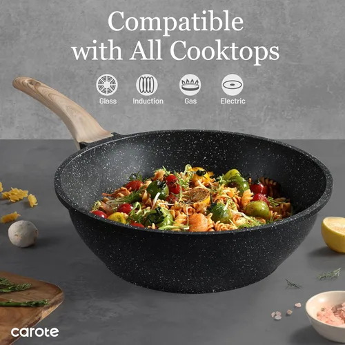 Miniatura 5 de CAROTE Wok antiadherente con tapa de 30.5 cm/4.99 L Woks y sartenes para freír Sartén wok antiadherente de granito para inducción Sartén para freír