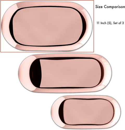 Miniatura 4 de Lujosas bandejas de oro rosa, tamaño grande de 11 pulgadas (juego de 3), ideales para maquillaje, toallas, perfumes, almacenamiento de velas, acero