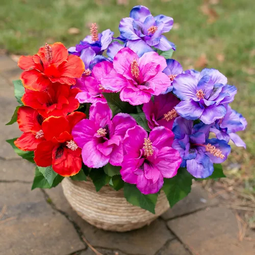 Miniatura 3 de HyeFlora Flores artificiales para exteriores, hibisco sintético, decoración exterior de verano, 4 paquetes de plantas artificiales tropicales