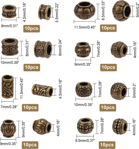 Miniatura 5 de NBEADS 80 cuentas espaciadoras de agujeros grandes estilo tibetano, 8 formas de cuentas africanas de bronce antiguo, cuentas de aleación europea