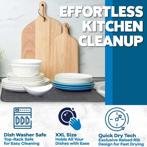 Miniatura 5 de Tapete de secado de platos de silicona XXL para encimera de cocina o debajo del fregadero, 24 x 18 pulgadas, extragrande, tapete impermeable