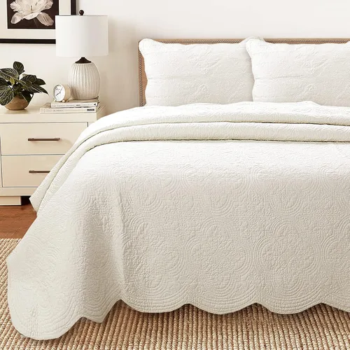 Miniatura 13 de Cozy Line Home Fashions - Juego de edredón de cama de algodón 100% Victoriano con medallón sólido blanco, matelassé, grabado, reversible, ligero