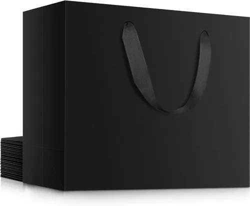EUSOAR Bolsas de regalo grandes negras, paquete de 12 bolsas de papel de compras de 16 x 6 x 12 pulgadas con asas, bolsa de mercancía de papel kraft