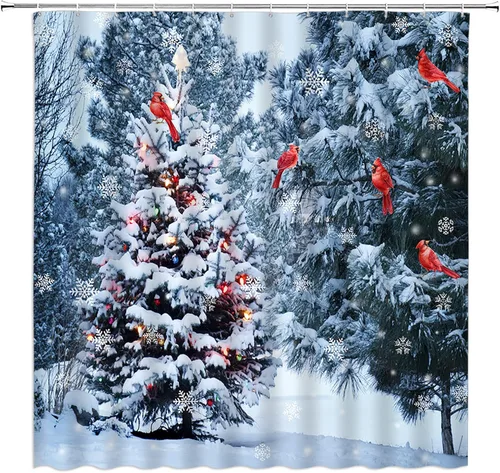 Cortina de ducha de Navidad de invierno con pájaros rojos de Navidad, pájaros, árbol de pino, rama, bosque, copo de nieve, nevada, día festivo de